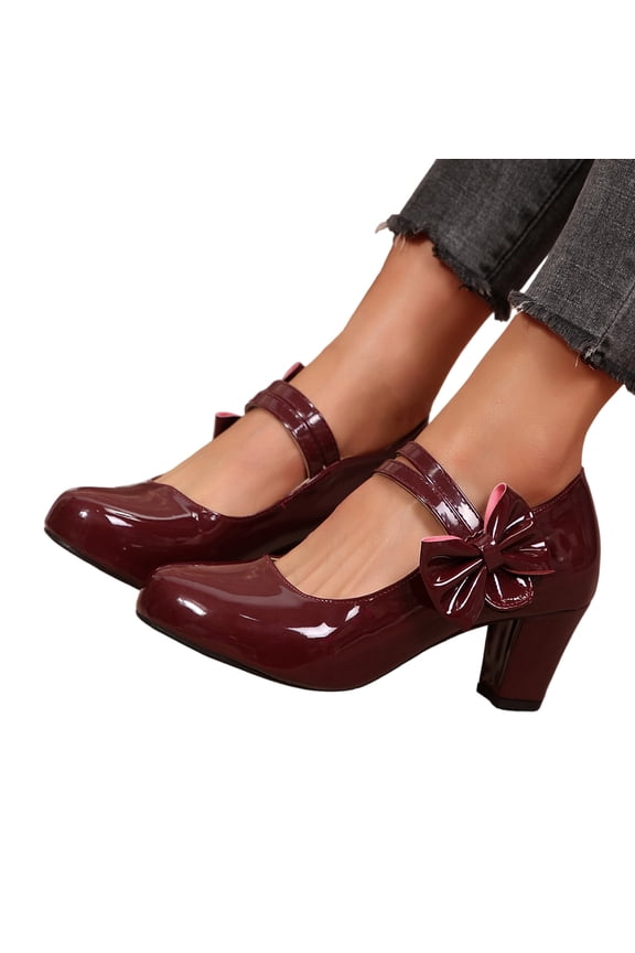 Women's Bow Heels Sparkly Mary Jane Block Chunky Heel Comfortable Pumps Slip On Round Toe Low Heels Wedding Evening Party Dress Shoes Wine 6.5 Wide