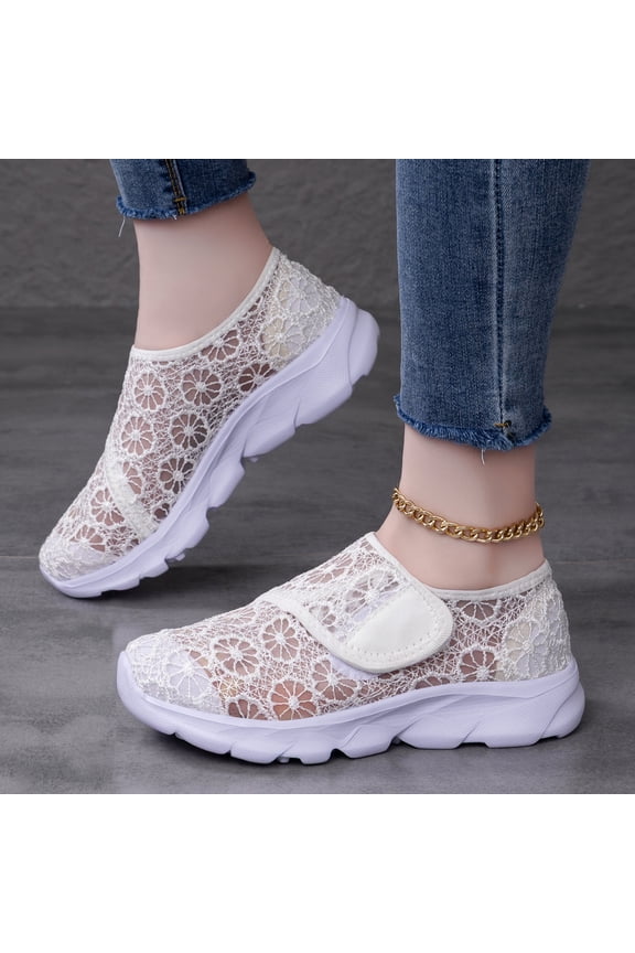 Women's Breathable Mesh Floral Sneakers Platform Wedge Embroidered Slip On Chunky Platform Shoes with Hidden Wedge Heel White 7 Wide