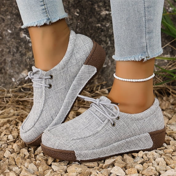 IEMIEMIEM Women’s Canvas Loafers Breathable Lace-Up Platform Casual Soft Comfort Walking Shoes Lightweight Non Slip Wedge Sneakers for Daily Outdoor Travel Work All Day Standing Wear Gray 7.5 Wide
