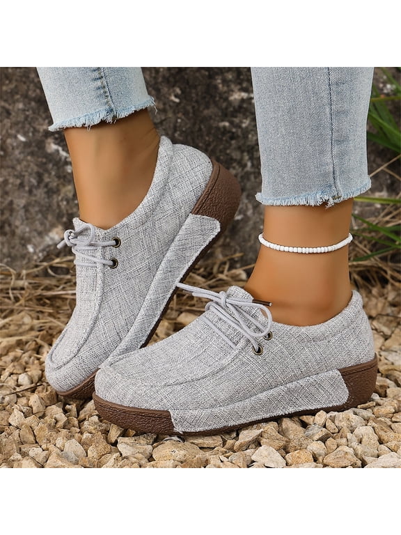 Women’s Canvas Loafers Breathable Lace-Up Platform Casual Soft Comfort Walking Shoes Lightweight Non Slip Wedge Sneakers for Daily Outdoor Travel Work All Day Standing Wear Gray 6.5 Wide