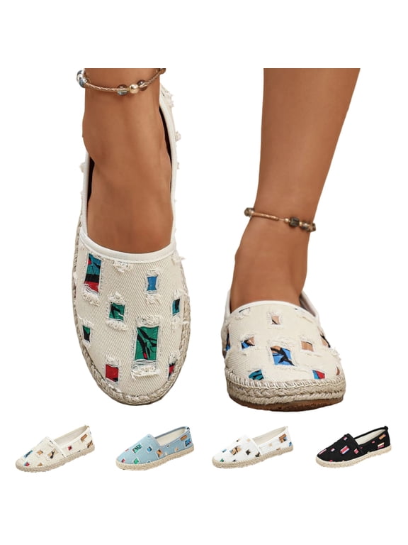 Women's Canvas Shoe Distressed Espadrille Slip-On Shoes Frayed Colorful Patch Print Casual Canvas Loafers with Hemp Sole for Daily 8 wide