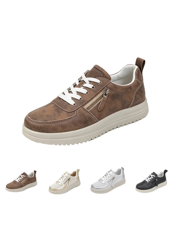 Women's Casual Sneakers Faux Leather with Side Zipper Lace Up Lightweight Comfort Walking Shoes Fashion Low Top Daily Sneakers Brown 8 Wide