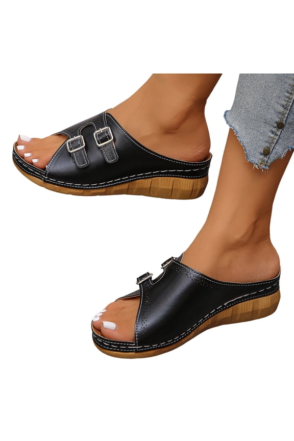 Women's Casual Wedge Flat Sandals with Arch Support 2026 New Comfortable Slip On Double Buckle Strap Open Toe Summer Fashion Beach Walking Shoes Black 10 Wide