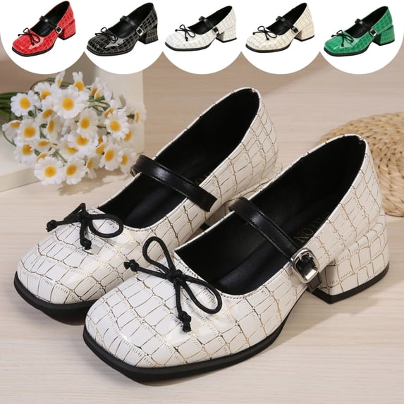 IEMIEMIEM Women's Chunky Heels Mary Jane Shoes Classic PU Leather Pumps Round Toe Bow Patent Strap Buckle Dress Shoes Casual Daily Work Versatile 7.5 wide