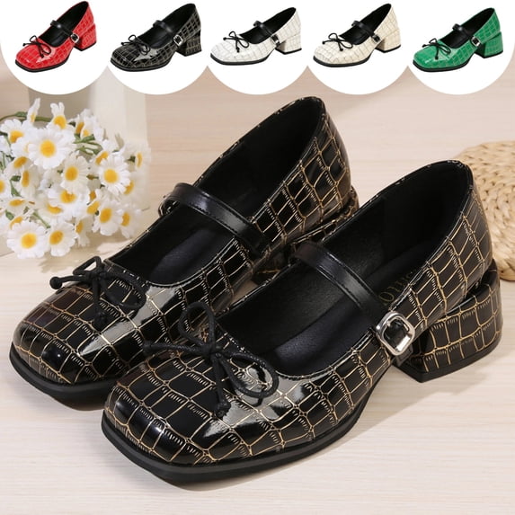 IEMIEMIEM Women's Chunky Heels Mary Jane Shoes Classic PU Leather Pumps Round Toe Bow Patent Strap Buckle Dress Shoes Casual Daily Work Versatile 7 wide