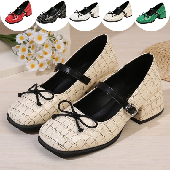 IEMIEMIEM Women's Chunky Heels Mary Jane Shoes Classic PU Leather Pumps Round Toe Bow Patent Strap Buckle Dress Shoes Casual Daily Work Versatile 8.5 wide