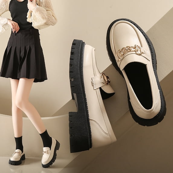 IEMIEMIEM Women's Chunky Platform Loafers Fashion Metal Chain Comfortable Slip On Round Toe Non Slip Block Heel Penny Loafers for Casual Daily Business Dressy Beige 7 Wide