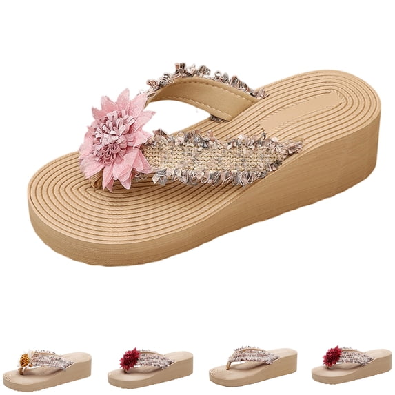 IEMIEMIEM Women's Cute Sandals 3D Floral Applique Woven Fabric Platform Wedge Flip Flops Thick Cushion Thong Sandals For Summer Beach Vacation Wear Pink 7 Wide