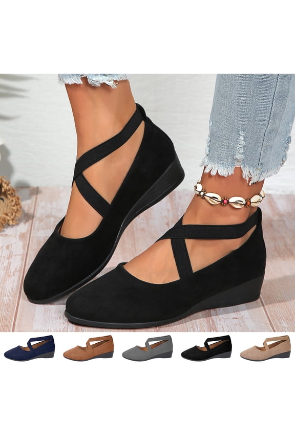 Women's Dress Flats Ballet Low Wedge Round Toe 2026 Fashion Elastic Ankle Strap Comfortable Casual Flats Shoes Black 7.5 Wide