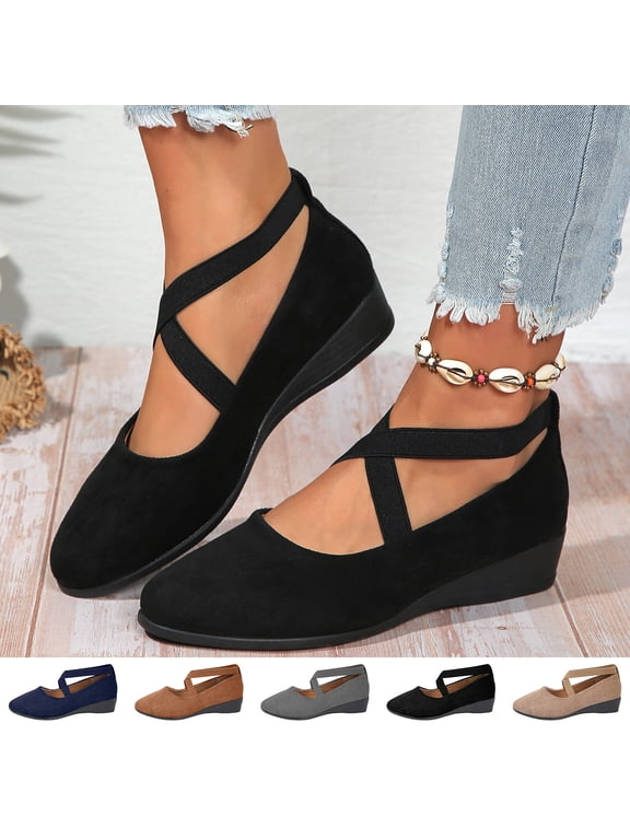 Women's Dress Flats Ballet Low Wedge Round Toe 2026 Fashion Elastic Ankle Strap Comfortable Casual Flats Shoes Black 8.5 Wide