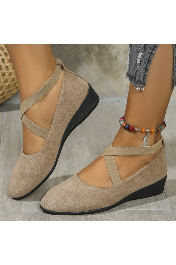 Women's Dress Flats Ballet Low Wedge Round Toe Slip On Non Slip Fashion Elastic Ankle Strap Comfortable Casual Flats Shoes Khaki 5.5 Wide