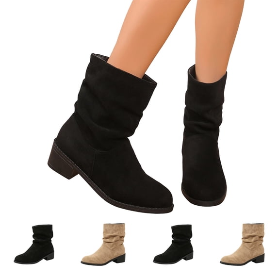 IEMIEMIEM Women's Faux Suede Ankle Boots Low Block Heel Round Toe Pull On Casual Slouch Fall Winter Mid Calf Booties Black 6.5 Wide