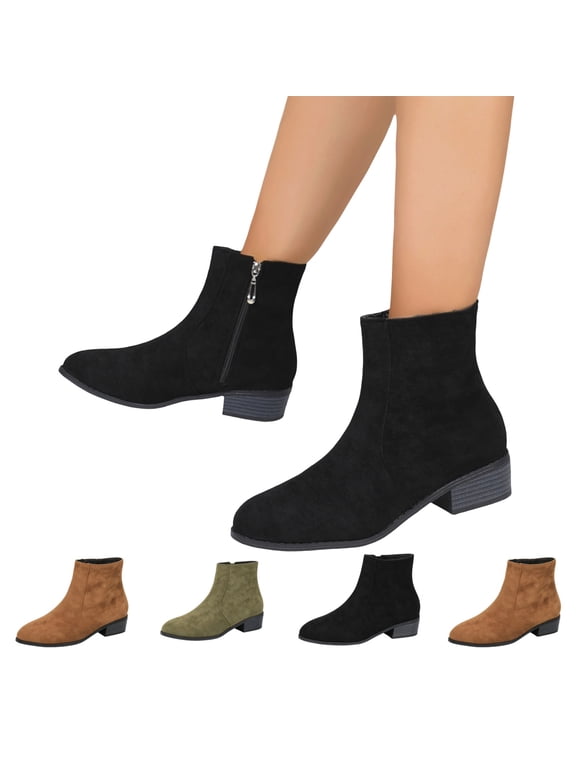 Women's Faux Suede Ankle Boots Side Zipper Chunky Block Low Block Heel Comfortable Round Toe Casual Fall Winter Daily Booties Black 5.5 Wide