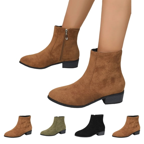 IEMIEMIEM Women's Faux Suede Ankle Boots Side Zipper Chunky Block Low Block Heel Comfortable Round Toe Casual Fall Winter Daily Booties Brown 7 Wide