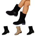 thumbnail image 1 of IEMIEMIEM Women's Faux Suede Ankle Mid Calf Boots Slip-On Low Block Heel with Metal Buckle Decor Slouch Casual Pull On Round Toe Fall Winter Daily Boots Black 9 Wide, 1 of 5