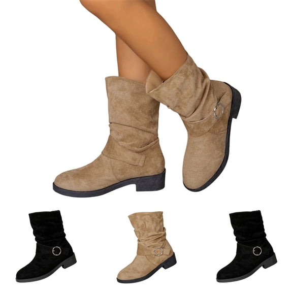 IEMIEMIEM Women's Faux Suede Ankle Mid Calf Boots Slip-On Low Block Heel with Metal Buckle Decor Slouch Casual Pull On Round Toe Fall Winter Daily Boots Khaki 6.5 Wide
