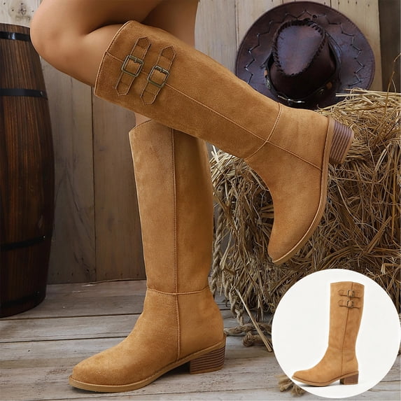 IEMIEMIEM Women's Faux Suede Knee High Western Boots Double Metal Buckle Low Stacked Heel Pointed Toe Pull On Tall Riding Boots for Fall Winter Brown 6.5 Wide