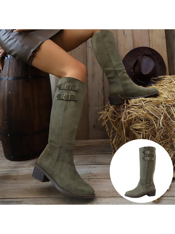 Women's Faux Suede Knee High Western Boots Double Metal Buckle Low Stacked Heel Pointed Toe Pull On Tall Riding Boots for Fall Winter Dark Green 9 Wide
