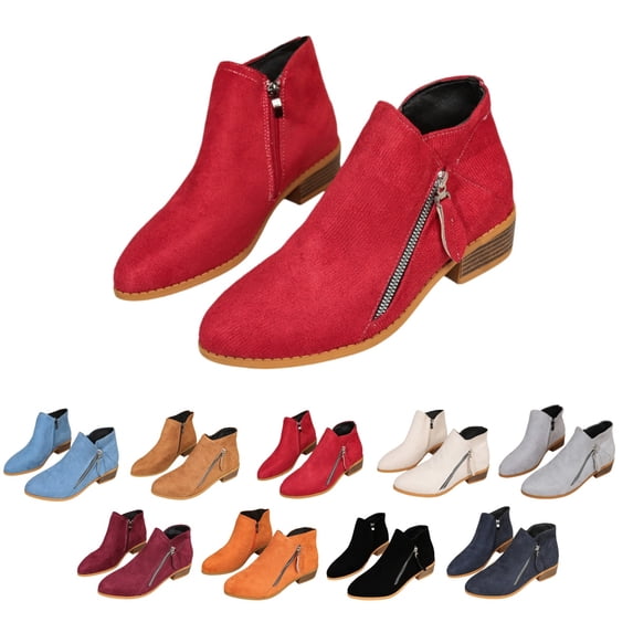 IEMIEMIEM Women's Faux Suede Low-Heeled Chelsea Boots Fashion Comfortable Pointed Toe Chunky Stacked Heel Western Cowboy Boots Fall Winter Side Zip Dress Ankle Bootie Red 7.5 Wide