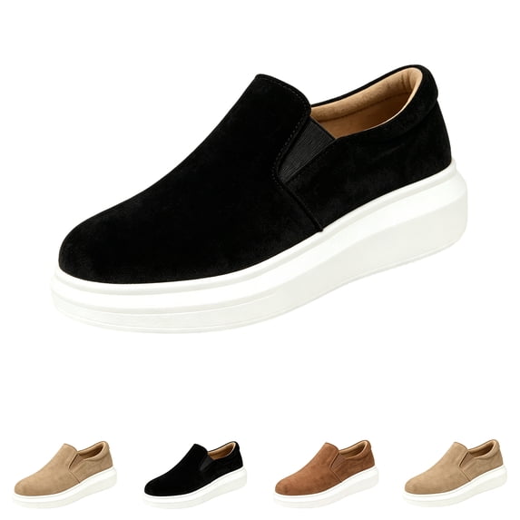 IEMIEMIEM Women's Faux Suede Orthopedic Sneakers Slip On Platform Soft Elastic Gore Casual Wedge Loafers Comfort Thick Sole Walking Shoes Black 5.5 Wide