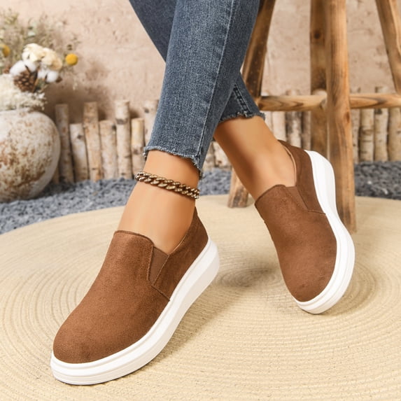 IEMIEMIEM Women's Faux Suede Orthopedic Sneakers Slip On Platform Soft Elastic Gore Casual Wedge Loafers Comfort Thick Sole Walking Shoes Brown 7.5 Wide