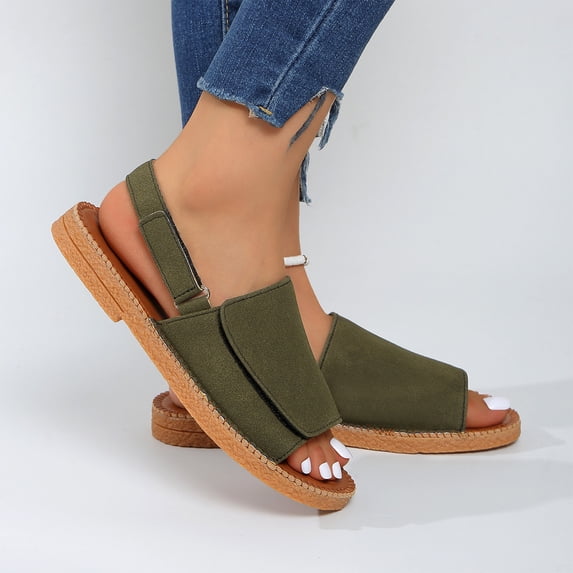 IEMIEMIEM Women's Flat Sandals Open Toe Buckle Strap Soft Lightweight Footbed 2026 Summer Beach Walking Cushion Wedge Sandals Army Green 7 Wide