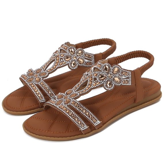 IEMIEMIEM Women's Flat Sandals with Rhinestones Sparkling Boho Dressy Ladies' Sandal Women's Wide Width Sandals Non Slip on Elastic Ankle Strap Beach Shoes Camel 7 Wide