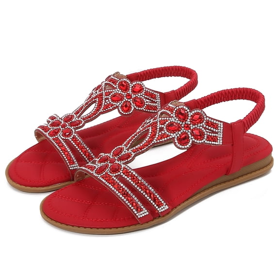 IEMIEMIEM Women's Flat Sandals with Rhinestones Sparkling Boho Dressy Ladies' Sandal Women's Wide Width Sandals Non Slip on Elastic Ankle Strap Beach Shoes Red 8 Wide