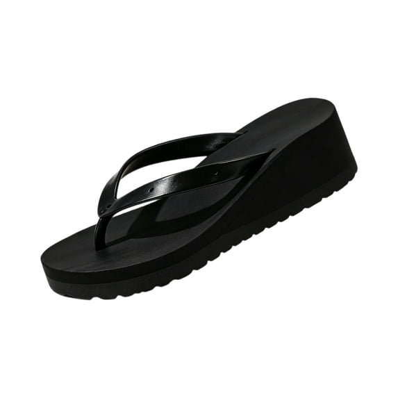 IEMIEMIEM Women's Flip Flops Faux Wood Wedge Comfortable Black Strap Platform Thong Sandals Walking High Heel Summer Slides for Casual Beach Vacation Indoor Outdoor Black 9 Wide