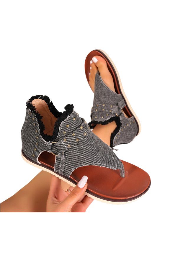 Women's Flip Flops Studded Canvas Flat Sandals 2026 Summer Fashion Comfort Buckle-Strap Back Zipper Orthopedic Open Toe Flops Casual Boho Slip on Beach Slippers Gray 7 Wide