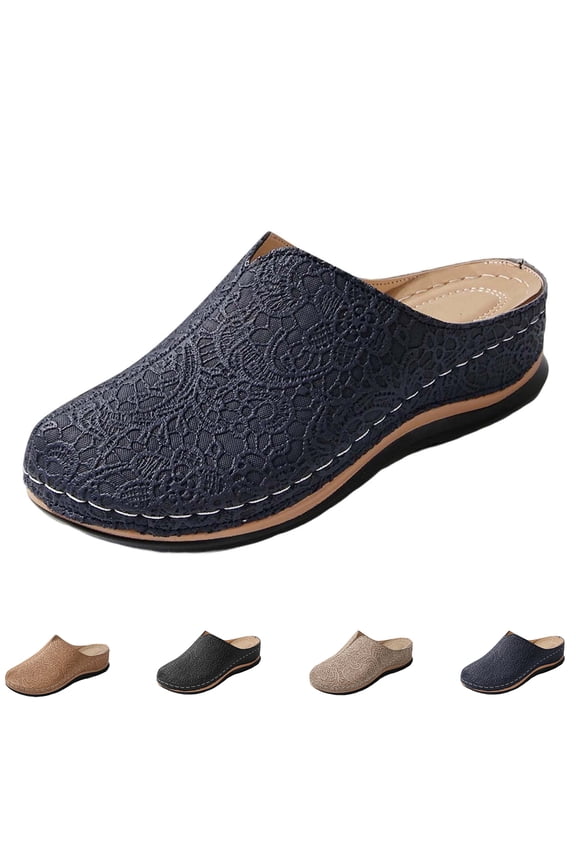 Women's Floral Embossed Knit Mule Clogs Slip on Comfort Arch Support Backless Slides Walking Nursing Shoes Navy 6.5 Wide