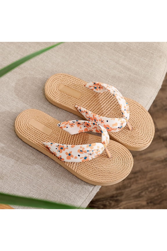 Women's Floral Pattern Flip Flop Slippers Grass Weave 2026 Summer Comfortable Non-Slip Durable and Lightweight for Indoor, Beach, Casual Fashion Slippers Yellow 8.5 Wide