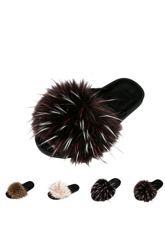 Women's Furry Slides Faux Fur Slides Fuzzy Slippers Fluffy Sandals Comfortable Slip On Outdoor Indoor Fall Winter Slides Brown