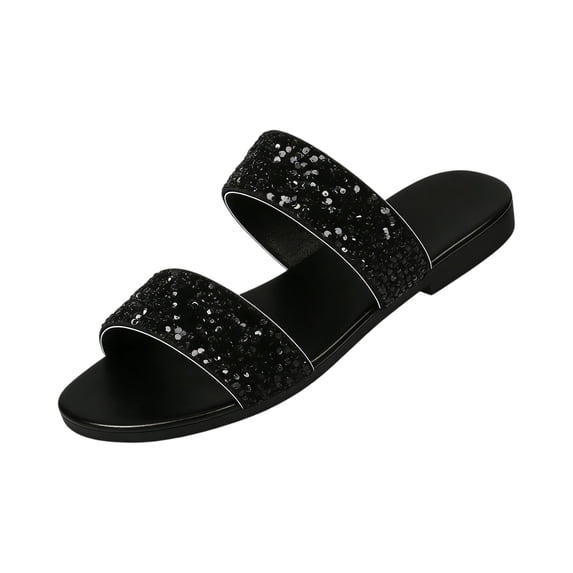 IEMIEMIEM Women's Glitter Rhinestone Flat Sandals 2026 Slip On Comfortable Open Toe Double Strap Summer Non Slip Slides Black 7.5 Wide