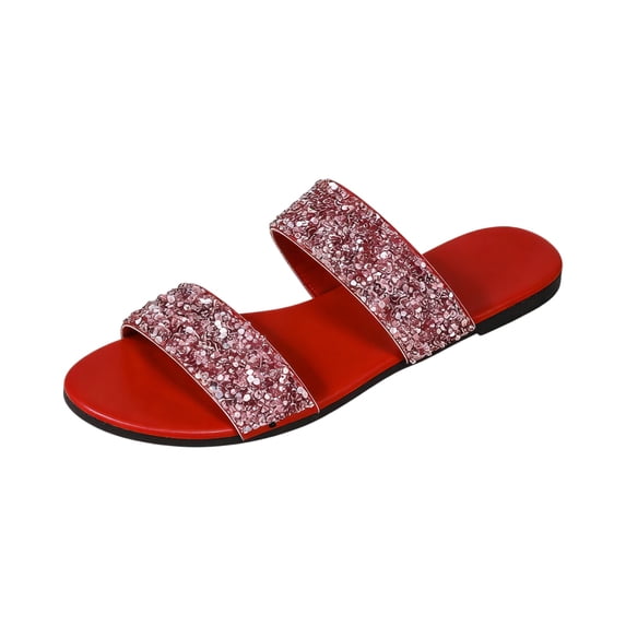 IEMIEMIEM Women's Glitter Rhinestone Flat Sandals 2026 Slip On Comfortable Open Toe Double Strap Summer Non Slip Slides Red 9 Wide