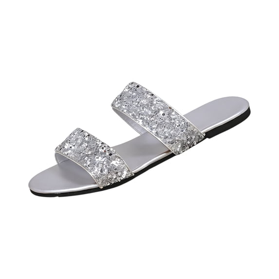 IEMIEMIEM Women's Glitter Rhinestone Flat Sandals 2026 Slip On Comfortable Open Toe Double Strap Summer Non Slip Slides Silver 7.5 Wide