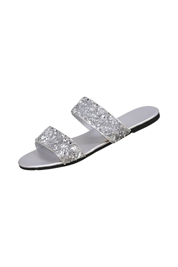 Women's Glitter Rhinestone Flat Sandals 2026 Slip On Comfortable Open Toe Double Strap Summer Non Slip Slides Silver 9 Wide