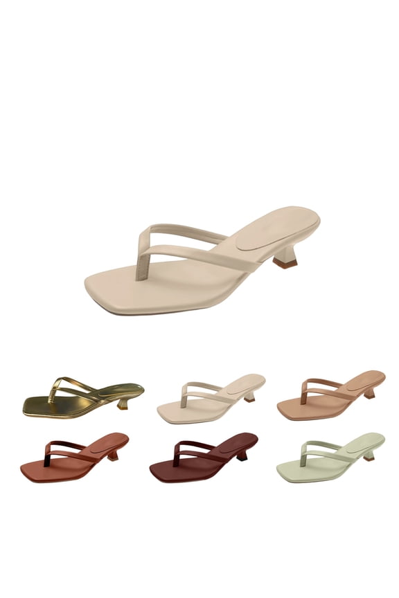 Women's Kitten Heels Flip Flops Heeled Thong Sandals Square Open Toe with 2 Inch Low Heel Beige 8 Wide