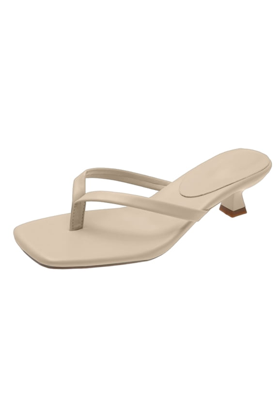 Women's Kitten Heels Flip Flops Heeled Thong Sandals Square Open Toe with 2 Inch Low Heel Beige 8 Wide
