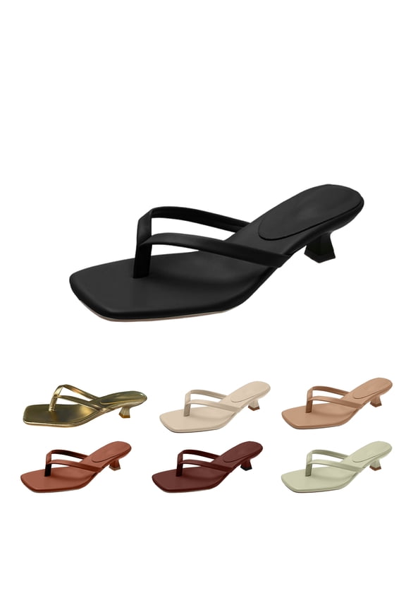 Women's Kitten Heels Flip Flops Heeled Thong Sandals Square Open Toe with 2 Inch Low Heel Black 10 Wide