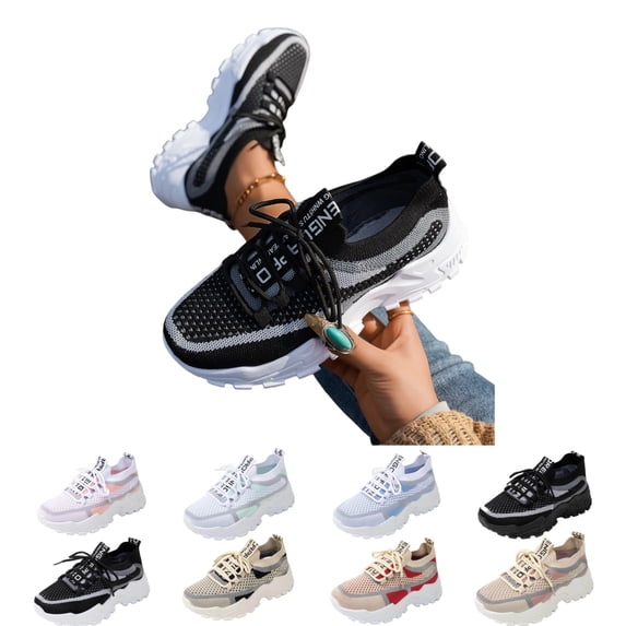 IEMIEMIEM Women's Knit Sneakers Mesh Lace-Up Chunky Sole Fashion Slip on Breathable Lightweight Running Shoes for Sports Walking Gym Work 4.5 wide