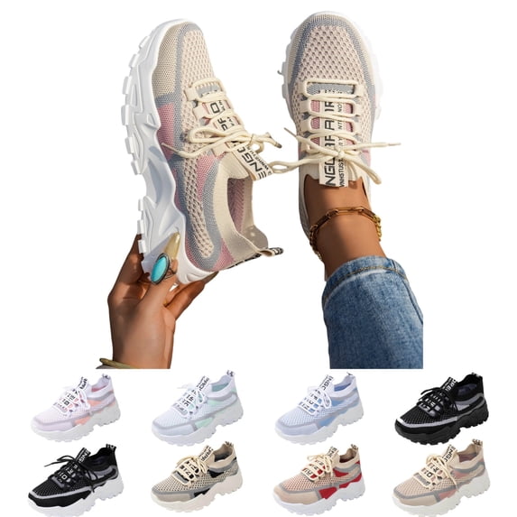 IEMIEMIEM Women's Knit Sneakers Mesh Lace-Up Chunky Sole Fashion Slip on Breathable Lightweight Running Shoes for Sports Walking Gym Work 4.5 wide