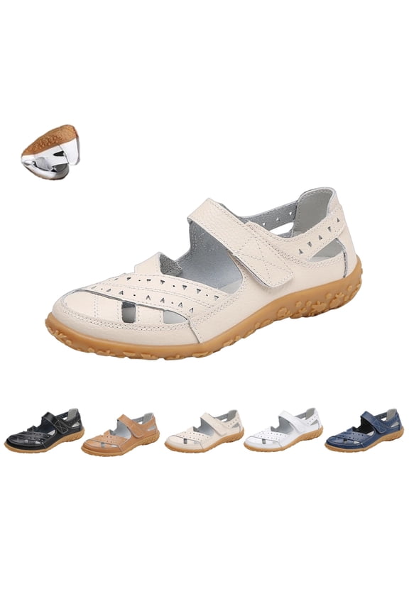 Women's Leather Sandals Summer Casual Closed Toe Comfortable Soft Sole Ankle Strap Mary Jane Beach Vacation Orthopedic Shoes Beige 7 Wide