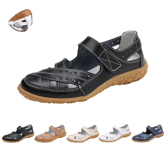 IEMIEMIEM Women's Leather Sandals Summer Casual Closed Toe Comfortable Soft Sole Ankle Strap Mary Jane Beach Vacation Orthopedic Shoes Black 5.5 Wide