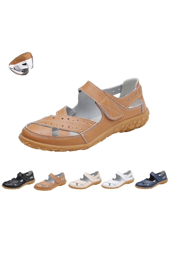 Women's Leather Sandals Summer Casual Closed Toe Comfortable Soft Sole Ankle Strap Mary Jane Beach Vacation Orthopedic Shoes Light Brown 9 Wide