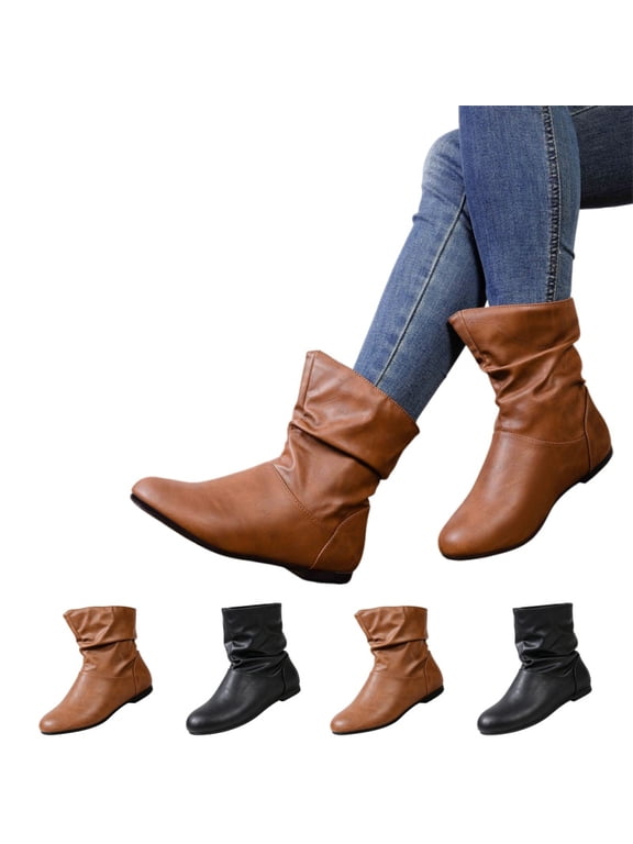 Women's Leather Slouchy Ankle Flat Boots Low Heel Booties with Comfortable Soft Casual Fall Winter Fashion Slip On Short Boots 10 Wide Brown