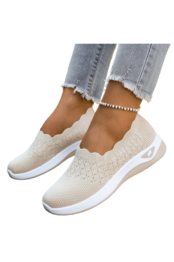 Women's Loafer Shoes Mesh Non Slip Slip On Casual Ballet Flat Nurse Walking Sneakers Knit Round Toe Casual Memory Foam Orthopedic Shoes Beige 5 Wide