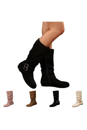 Women's Low Heel Mid Calf Boots with Side Zipper Buckle Accent Flat Heel Faux Suede Slouchy Outdoor Footwear Casual Non-Slip Fall Winter Boots Black 8 Wide