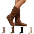 thumbnail image 1 of IEMIEMIEM Women's Low Heel Mid Calf Boots with Side Zipper Buckle Accent Flat Heel Faux Suede Slouchy Outdoor Footwear Casual Non-Slip Fall Winter Boots Brown 7.5 Wide, 1 of 6