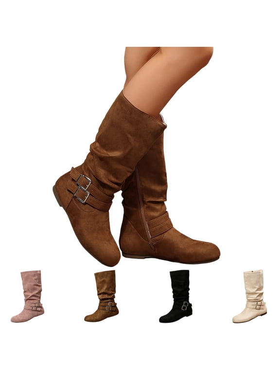 Women's Low Heel Mid Calf Boots with Side Zipper Buckle Accent Flat Heel Faux Suede Slouchy Outdoor Footwear Casual Non-Slip Fall Winter Boots Brown 8.5 Wide